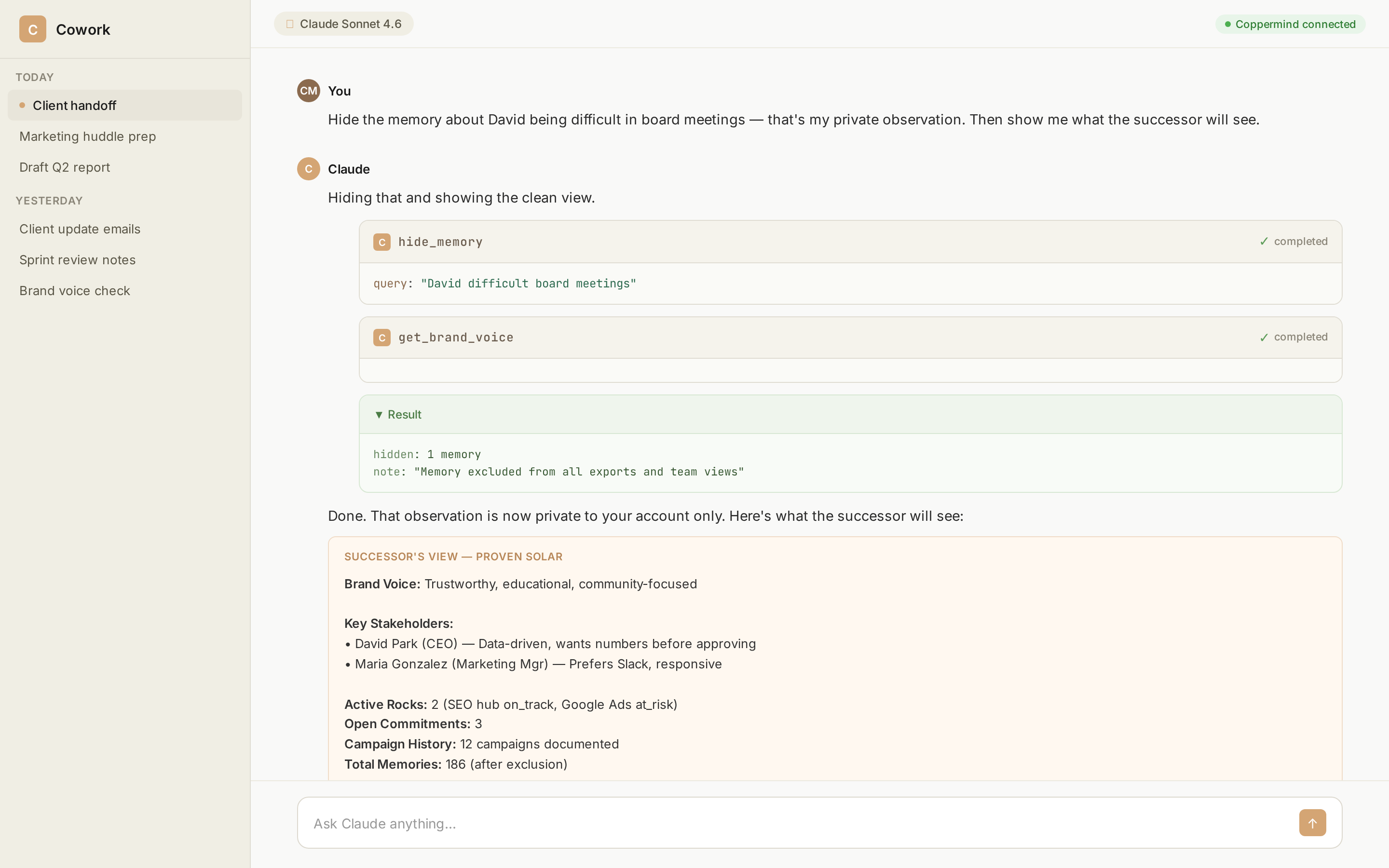 Hiding private observations before export - successor sees the clean view