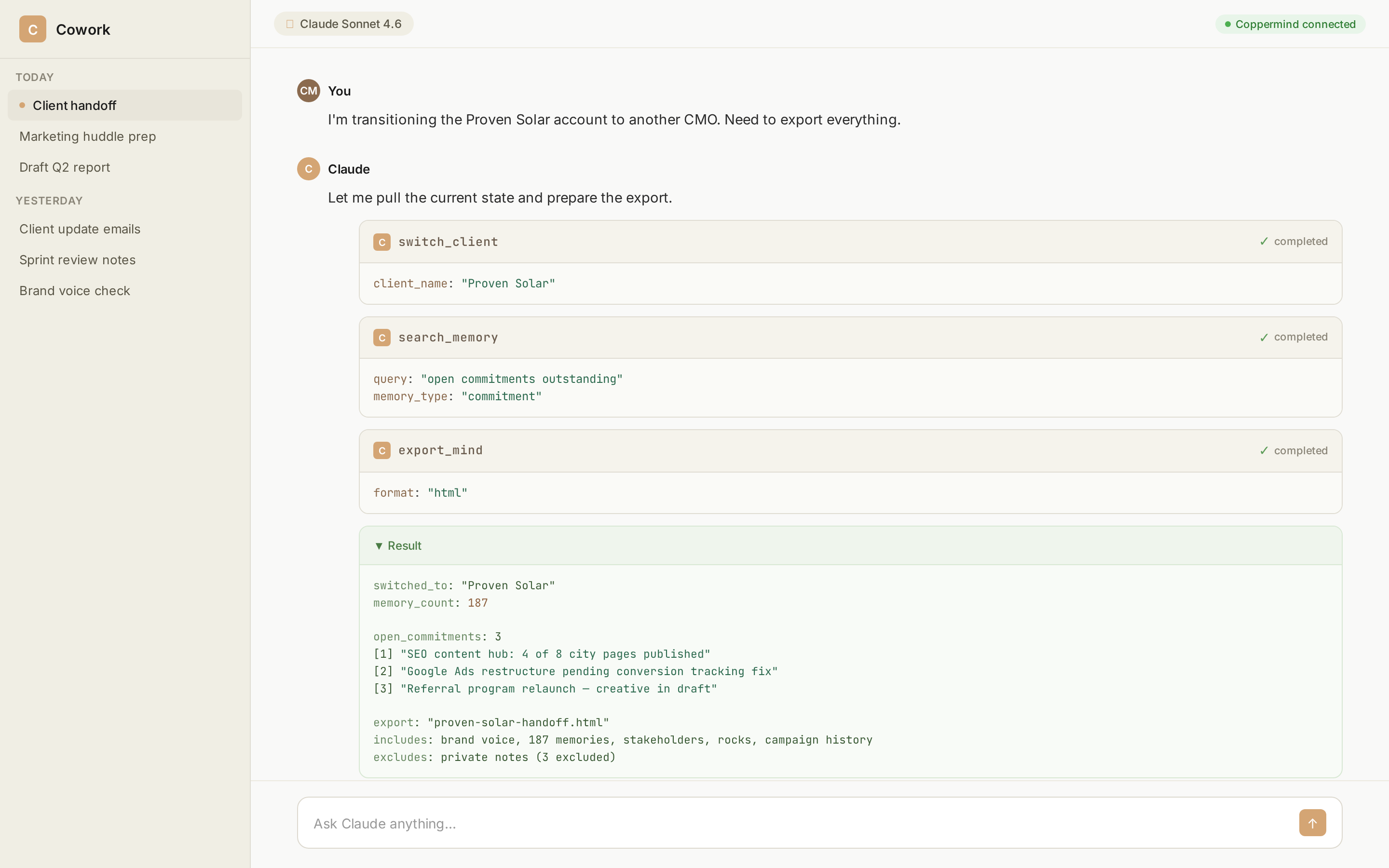 Exporting a client handoff package with open commitments