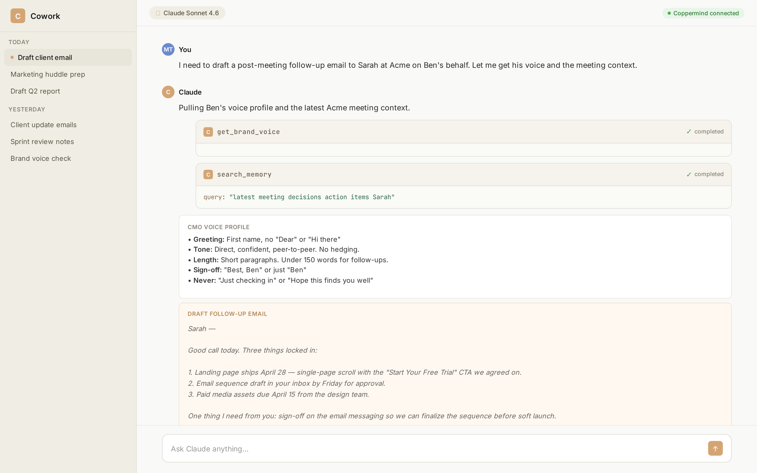 Pulling the CMO's voice profile and drafting a follow-up email