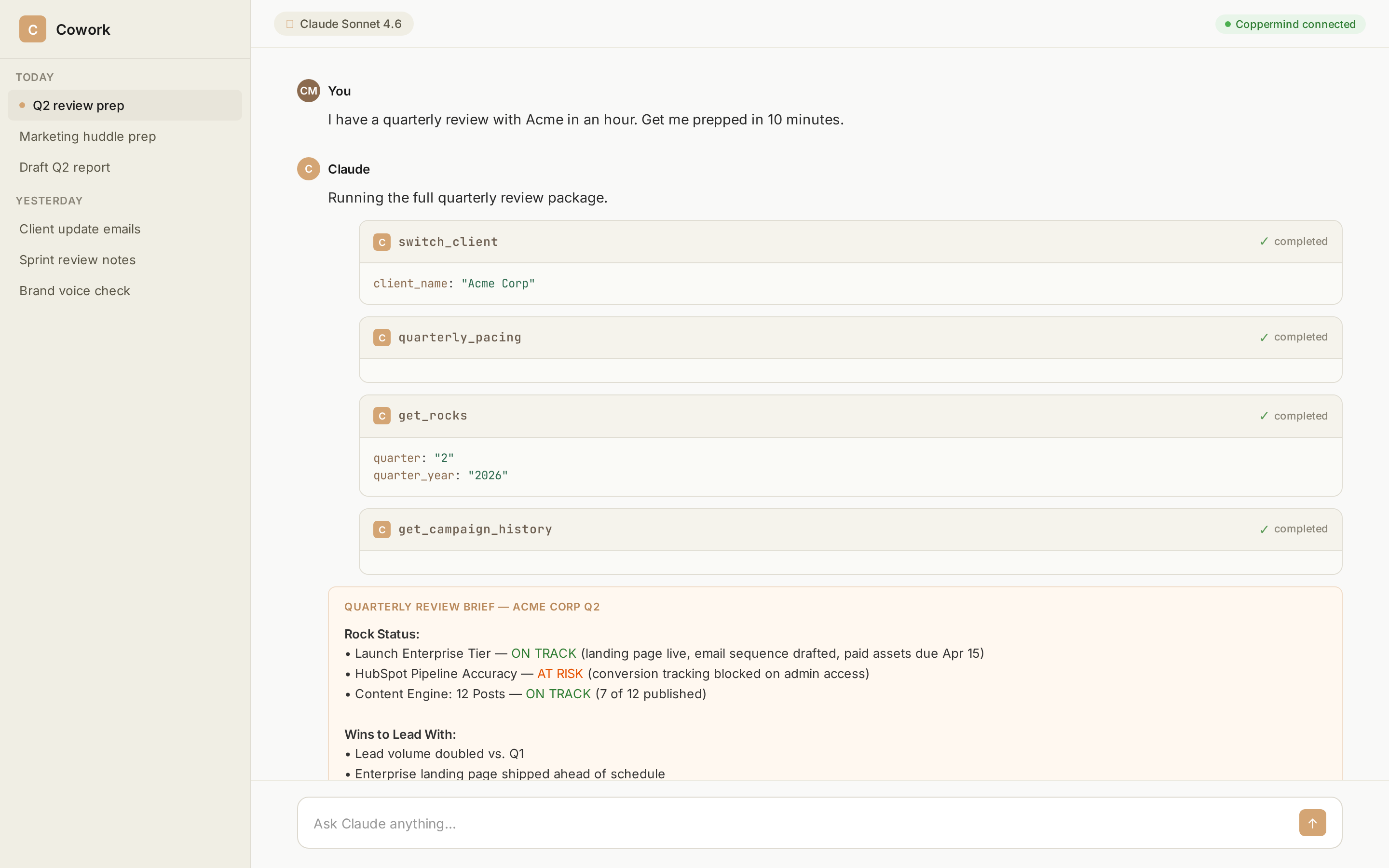 Quarterly review prep - rocks, campaigns, and wins assembled in one command