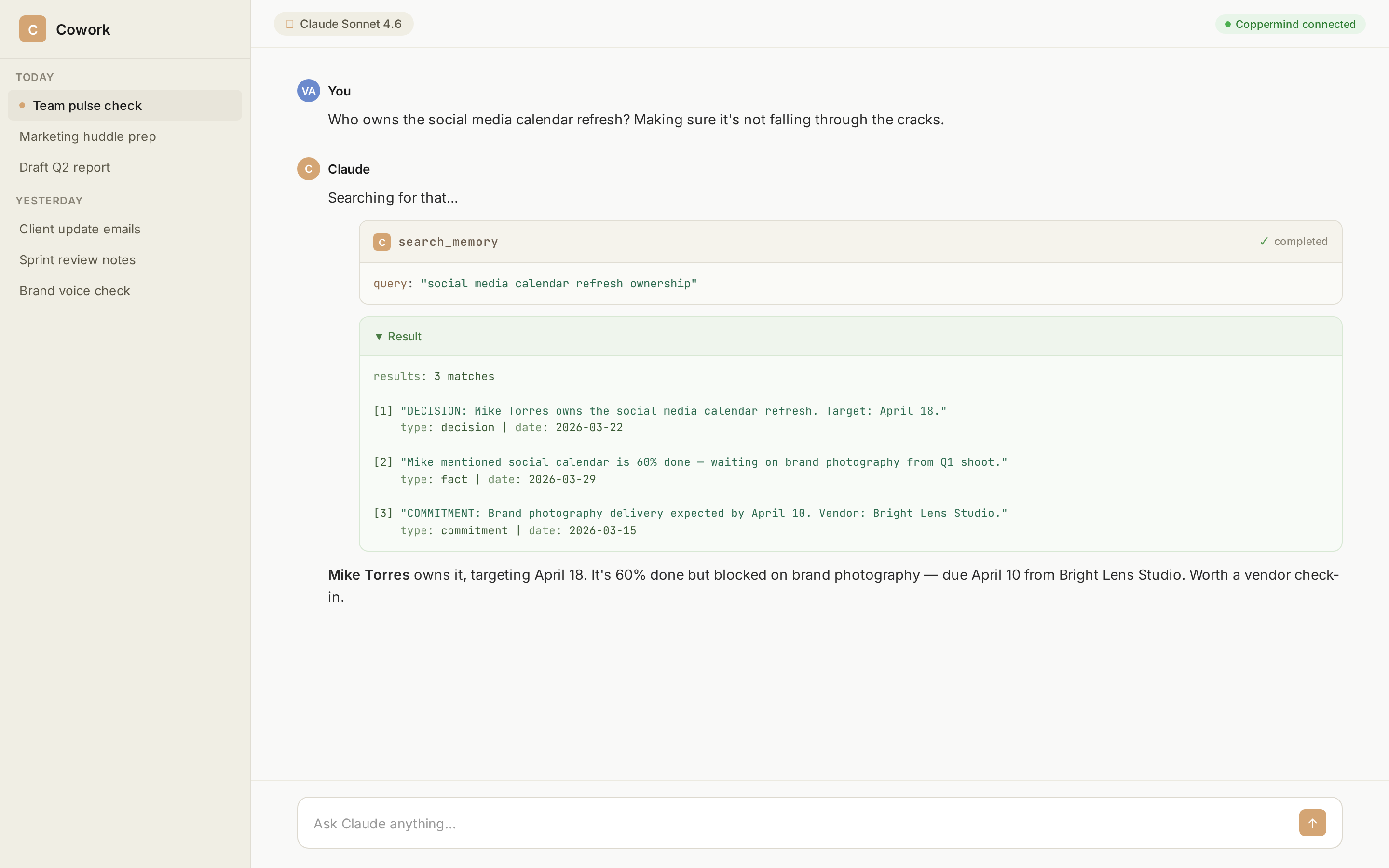 Searching for team action items and ownership across clients