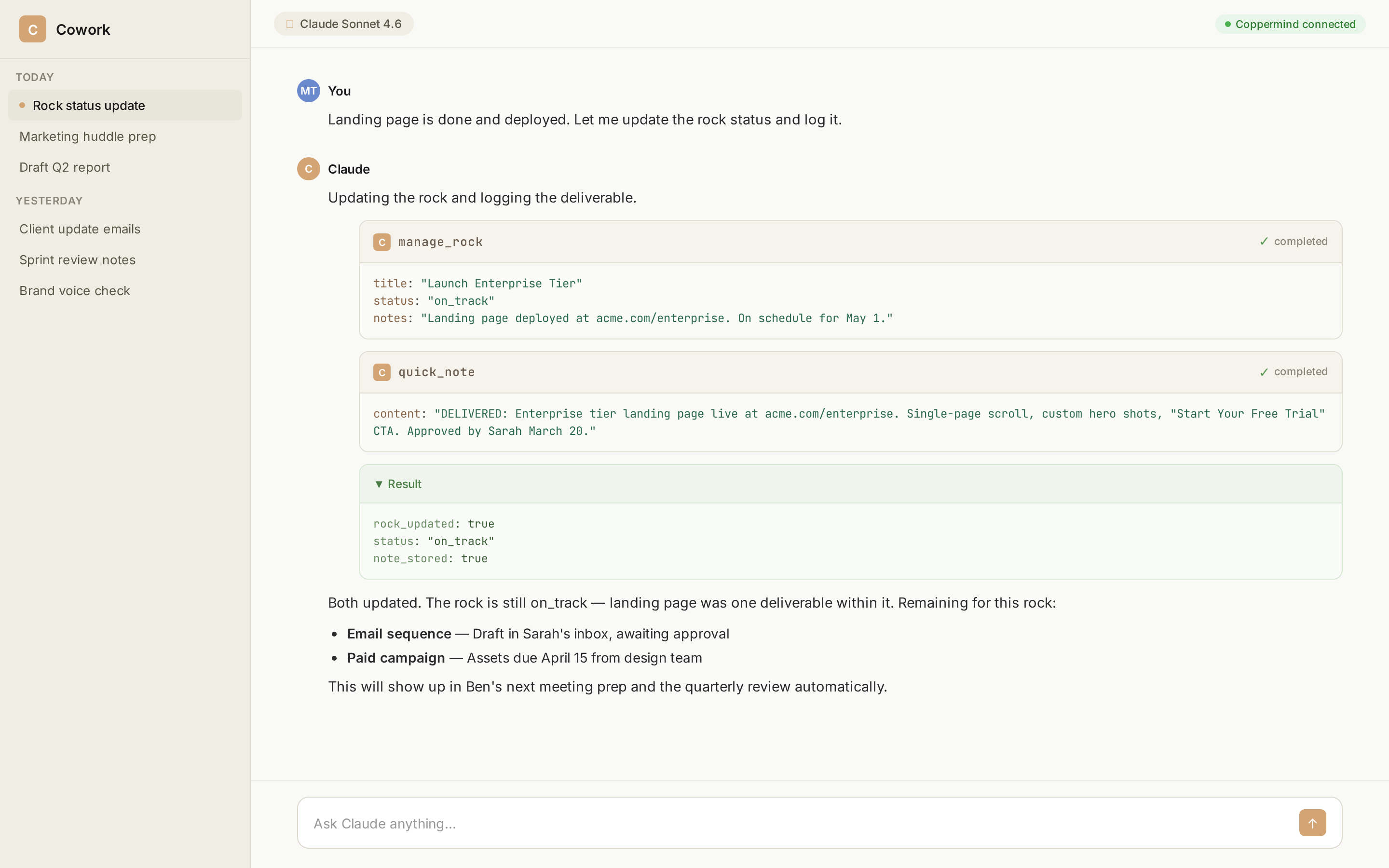 Updating rock status and logging a completed deliverable