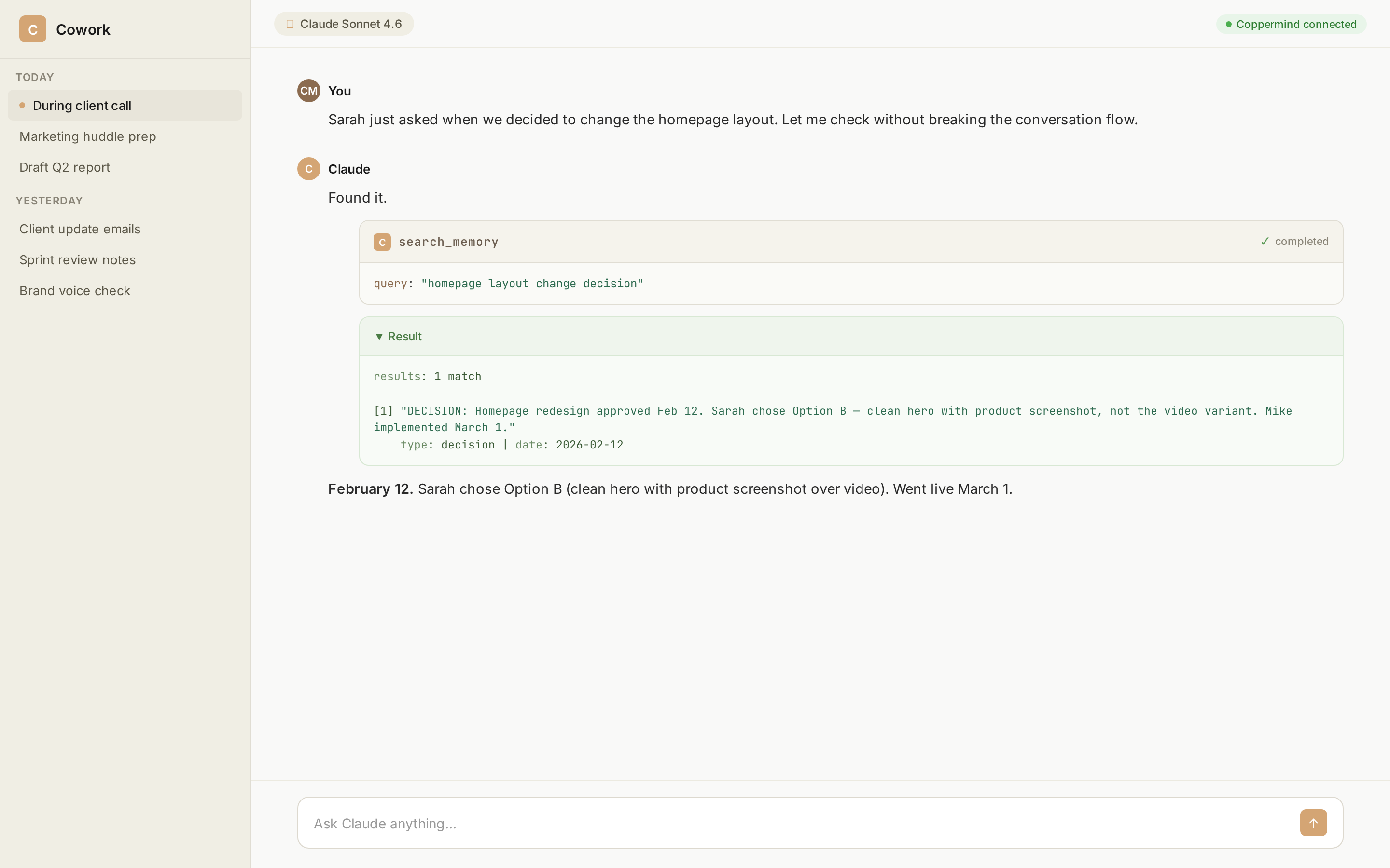 Quick search mid-call - finding a past decision in seconds