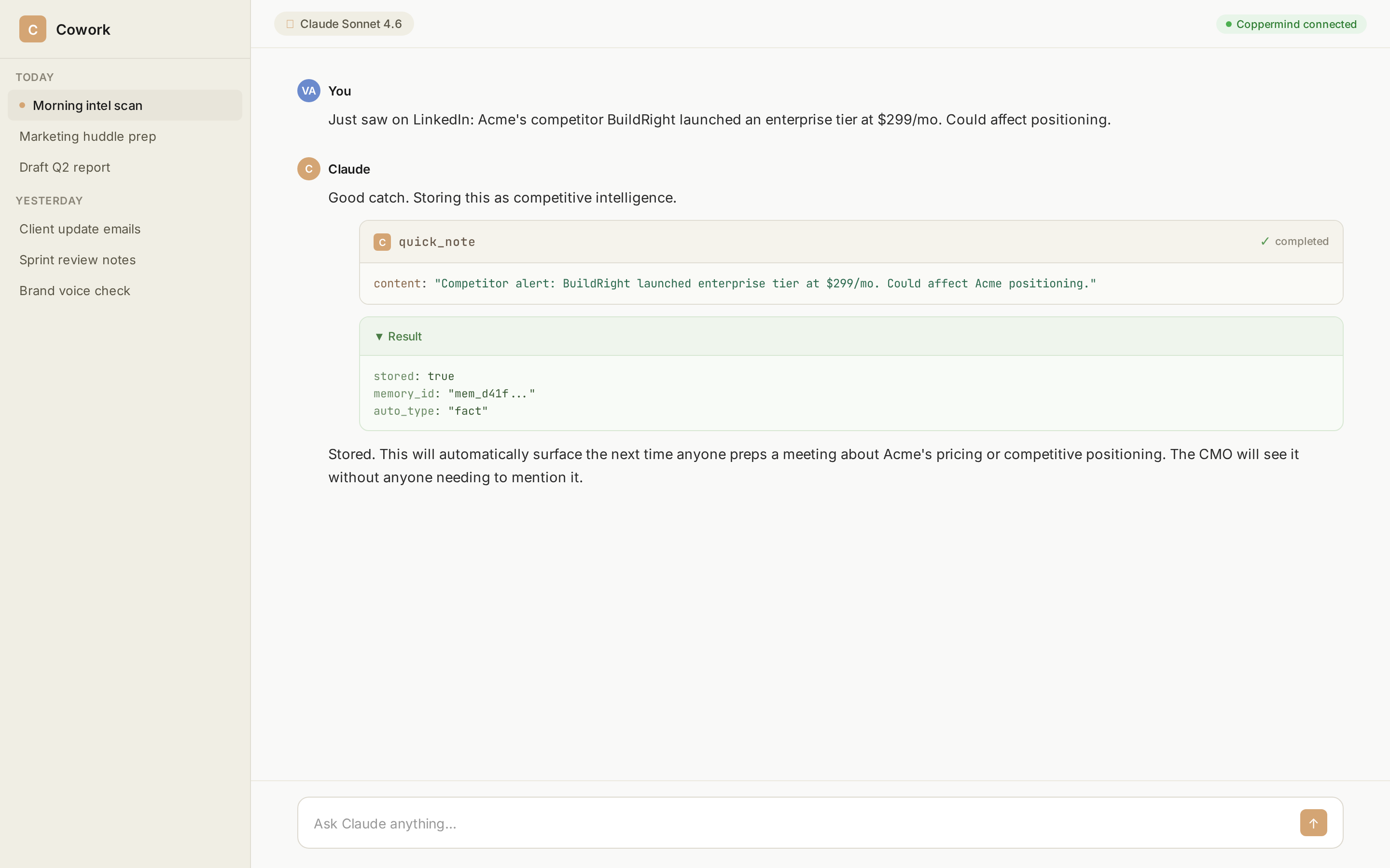 Storing competitive intelligence as a quick note