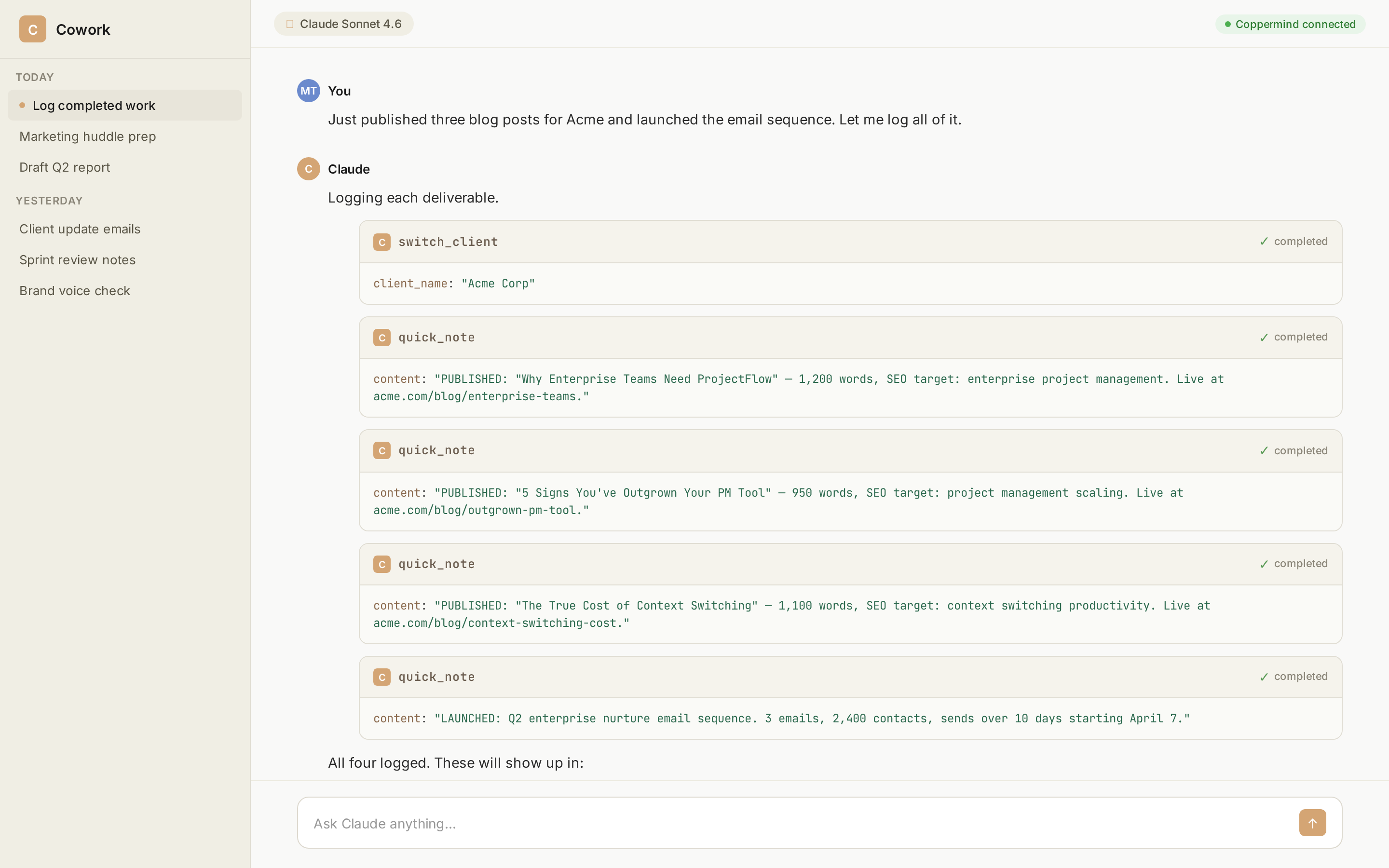 Logging multiple deliverables with quick notes