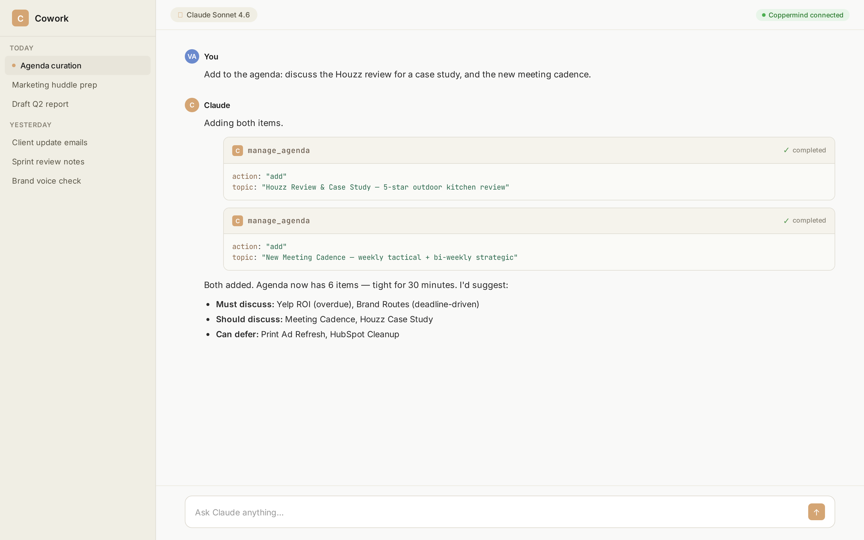 Adding items to a client's meeting agenda