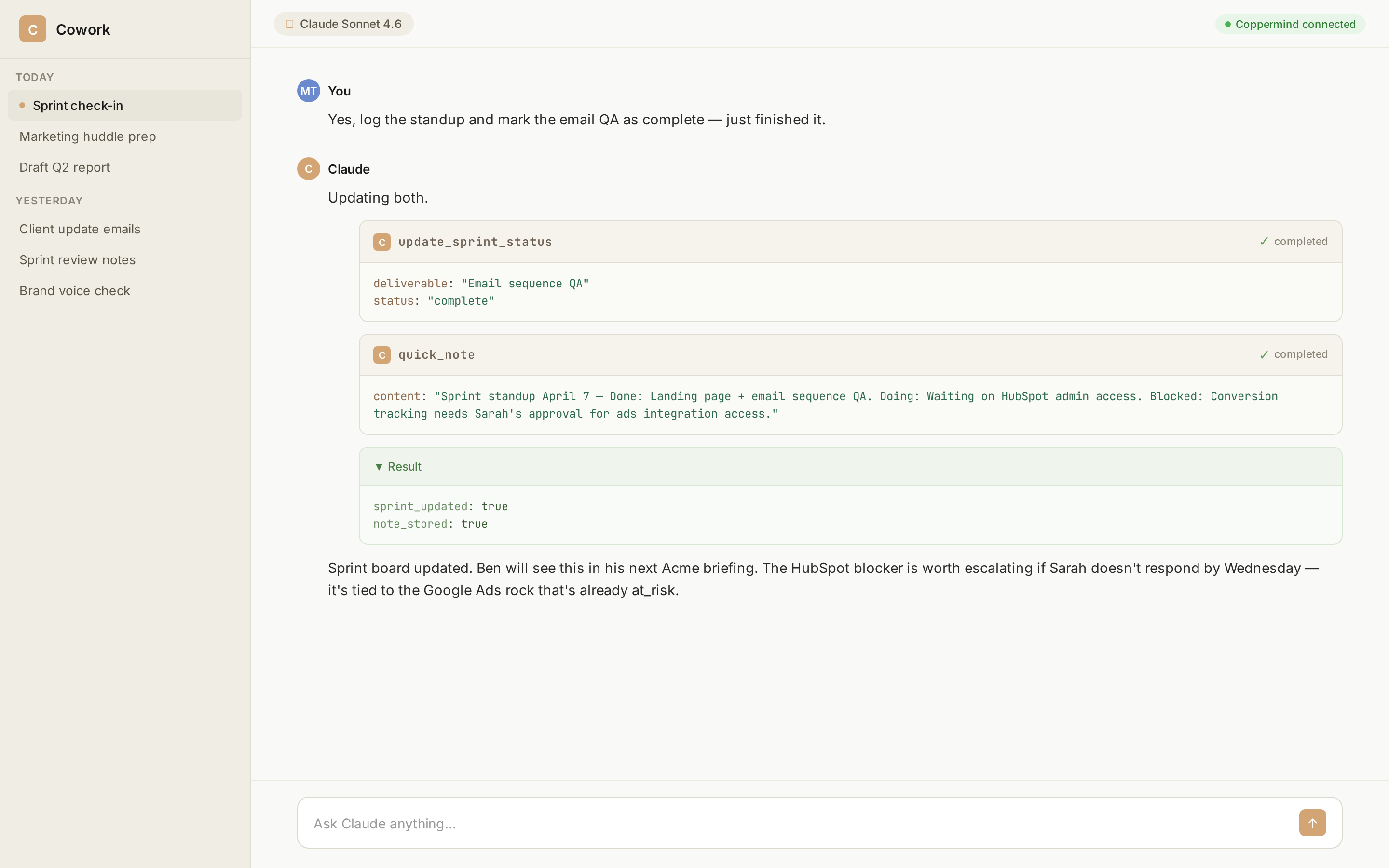 Updating sprint status and logging a standup note