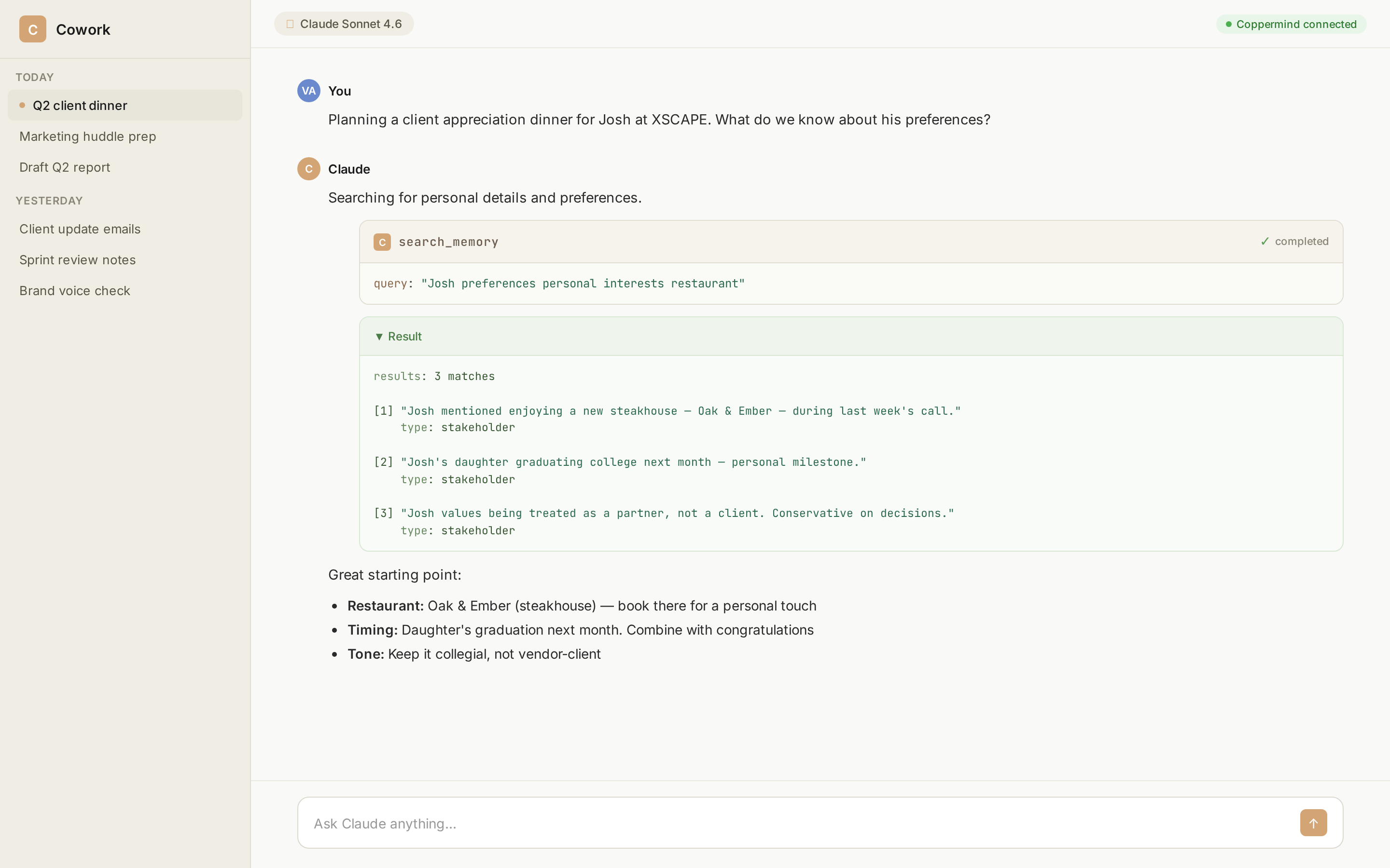 Searching for a client stakeholder's personal preferences before an event
